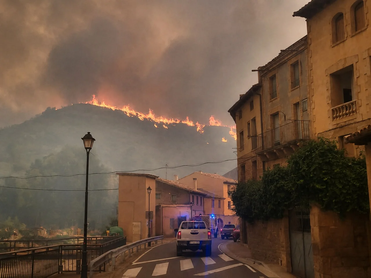 Bosque en llamas durante un incendio forestal con humo cubriendo el cielo
